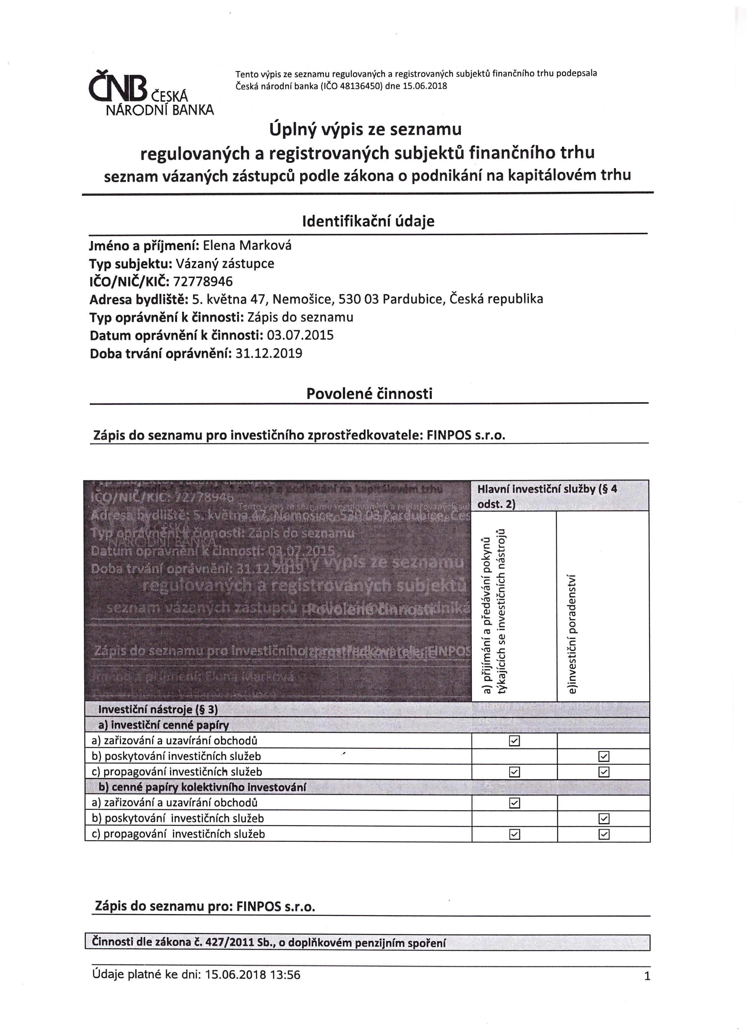 Výpis ze seznamu regulovaných a registrovaných subjektů finančního trhu 2/3